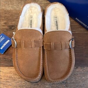 Birkenstock suede Buckley in ‘tea’ with shearling
